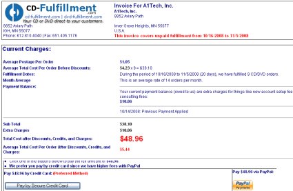 Pay your cd dvd fulfillment bill once per month by credit card or paypal